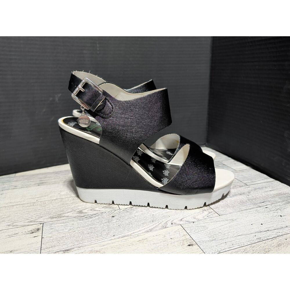 Juicy Couture Women’s JC Trish Black White 4” Wedge Sandal Sling Back Size 8.5